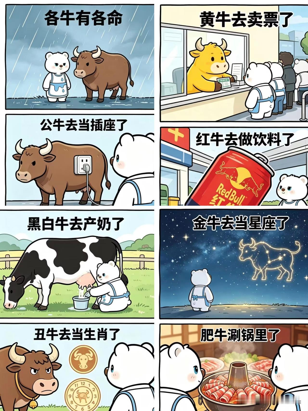家人们看这个漫画，真的太真实了！都说各牛有各命，每一头牛的出路都不一样。公牛