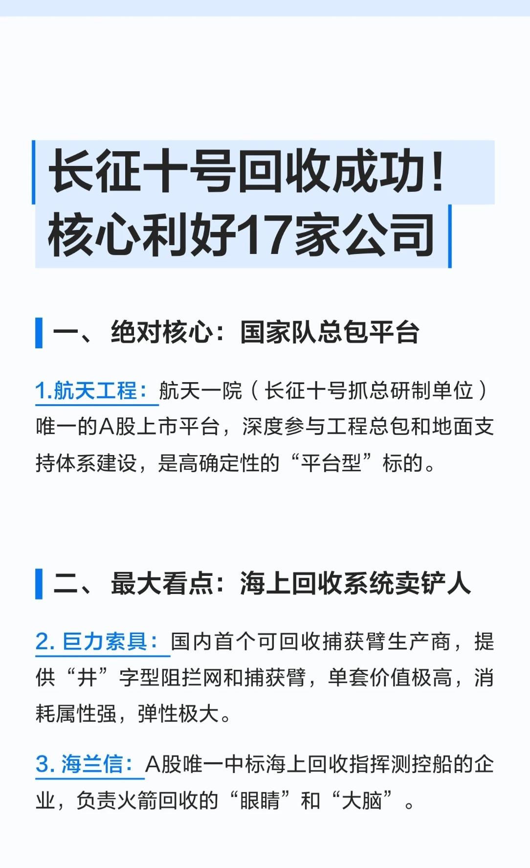 长征十号回收成功！核心利好这17家公司，航天产业链迎来重磅催化🔥✅一、绝