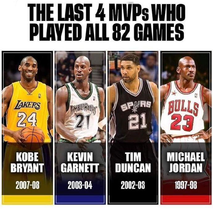 最近的4个全勤MVP：1、2007-08赛季：科比2、2003-04赛季：加