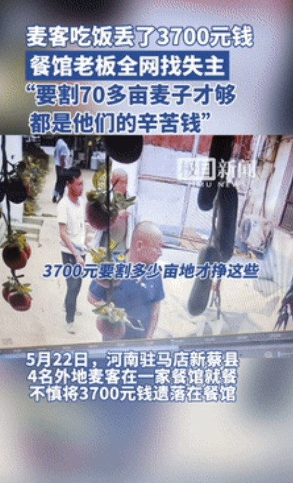 河南新蔡，4名麦客顶着烈日收割了70多亩麦子，挣了3700元，不料在吃午饭的时候