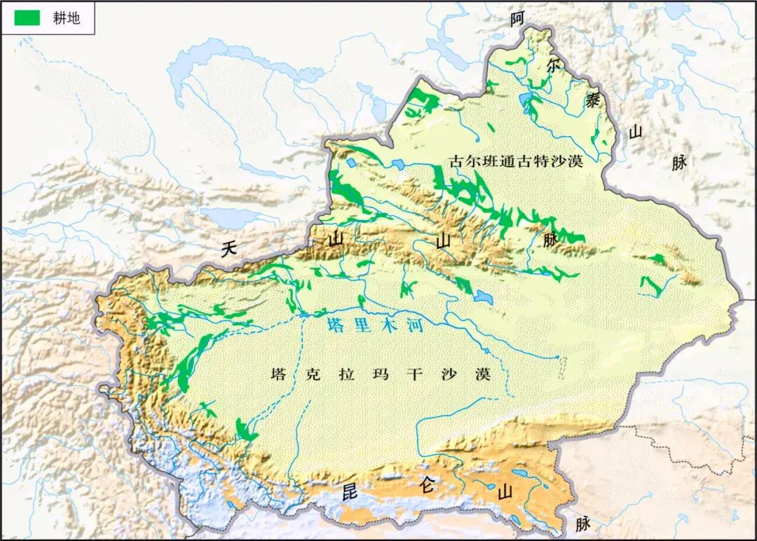 从图上看，新疆虽然地域辽阔，但耕地极度碎片化，全部为绿洲耕地，总面积约7万平方公