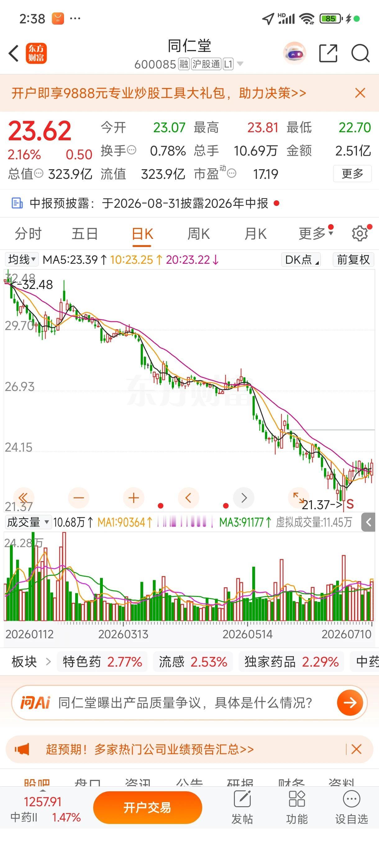 现在的同仁堂就是2013年的五粮液。不会大家走着瞧。我把话撩着，加仓，加仓