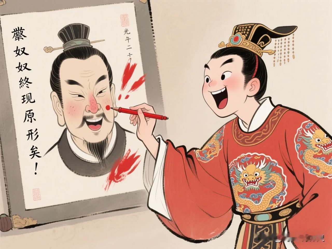 永光元年，少年皇帝刘子业突发奇想，用朱砂笔在父亲画像的鼻尖画了个酒糟鼻，癫狂笑道