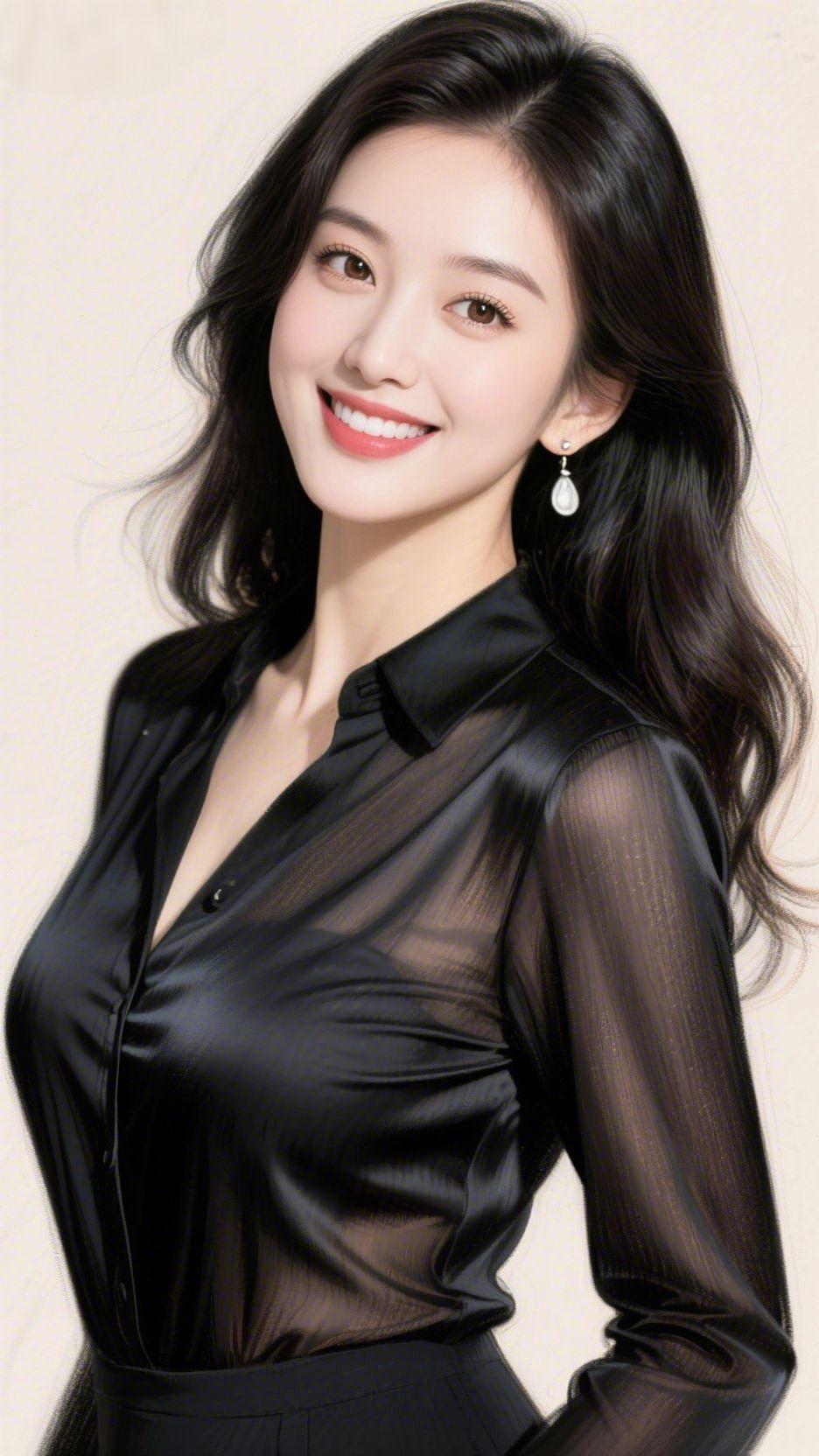 《黑衫轻韵》她着一身黑衫，似暮色揉作的温柔轮廓。丝质衣料衬着舒展的肩线，