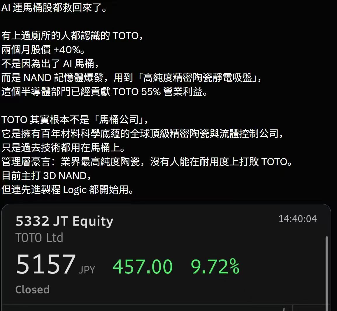 高盛分析师指出，东陶用于NAND芯片制造的静电吸盘有望受益于全球AI基础设施建设