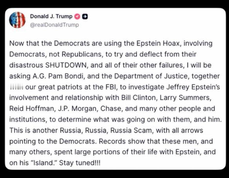 唐纳德．J．特朗普现在民主党正在利用涉及民主党的爱泼斯坦骗局，试图转移公众对其灾