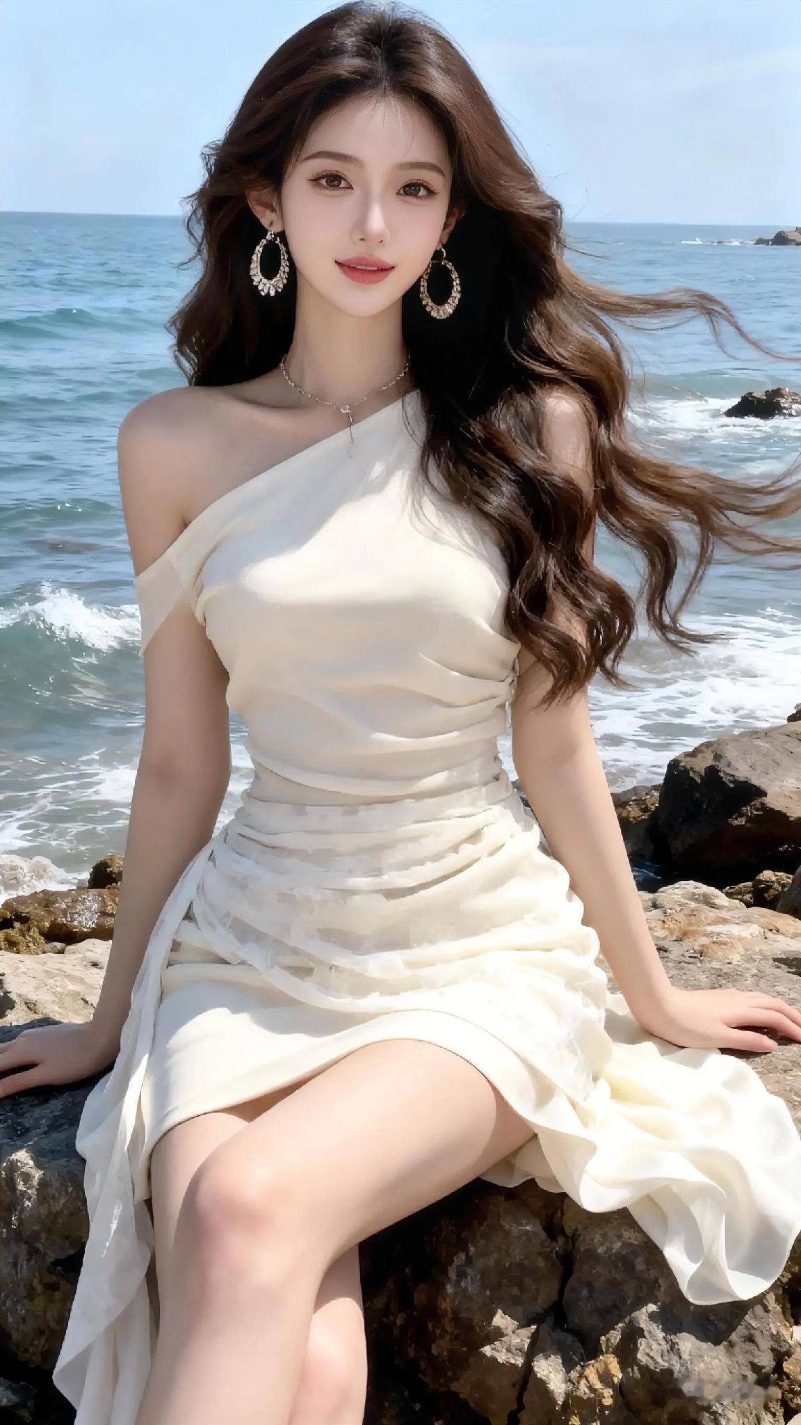 海风吹拂，美人倚石。海风美人照海滨美人照礁石花影佳人海浪美人