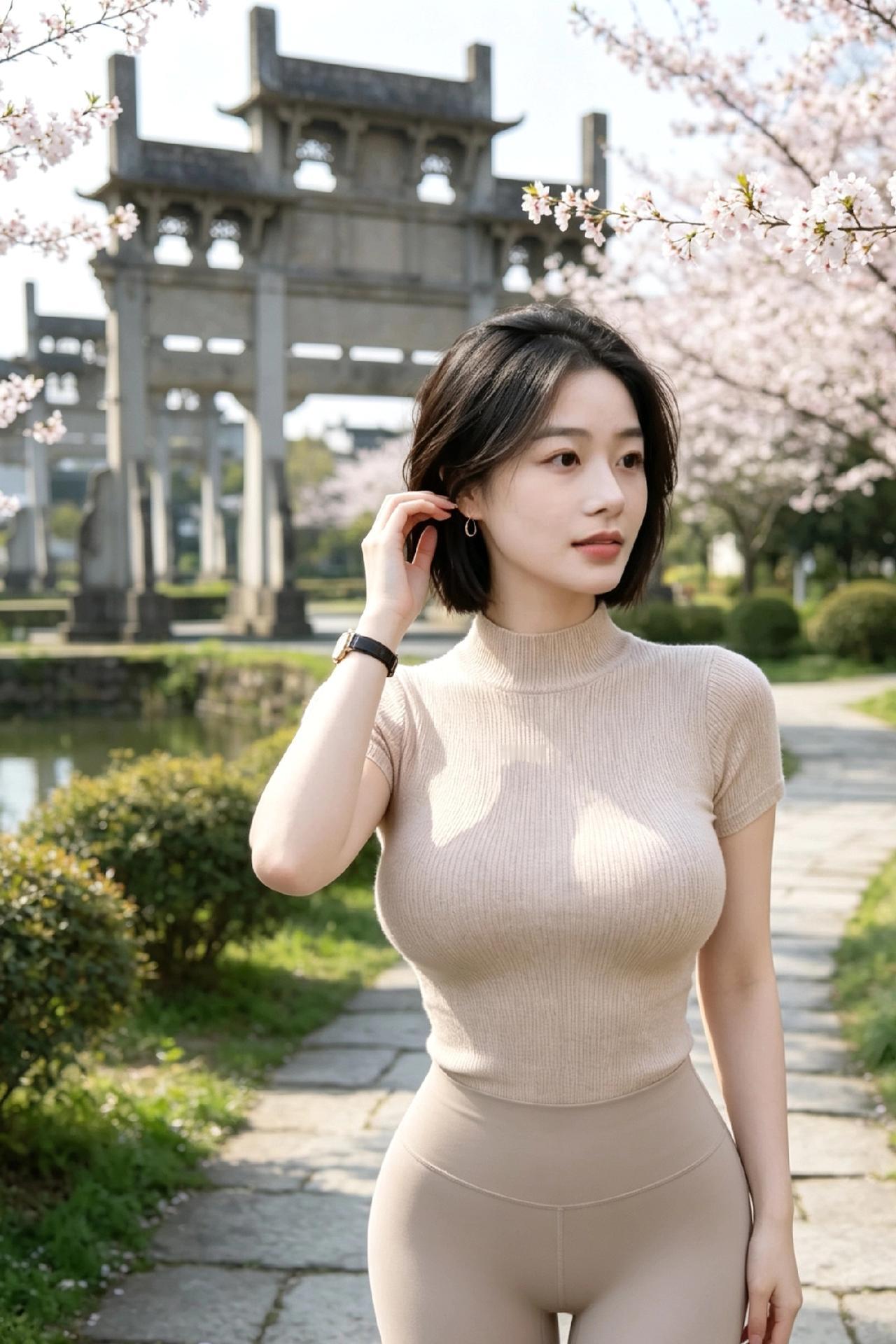 樱花树下美人立，古塔映影入画来。