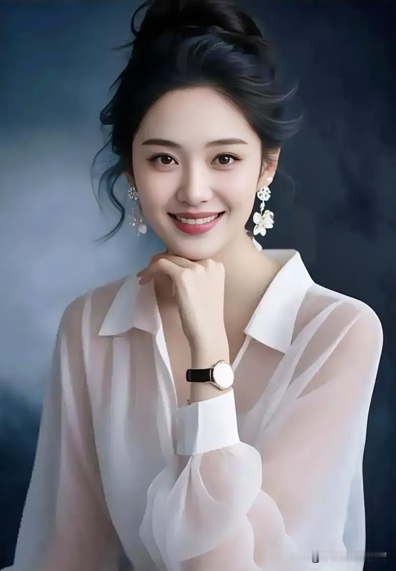 微卷秀发挽成慵懒发髻，薄纱轻透映衬温婉，浅笑盈盈间尽显优雅。