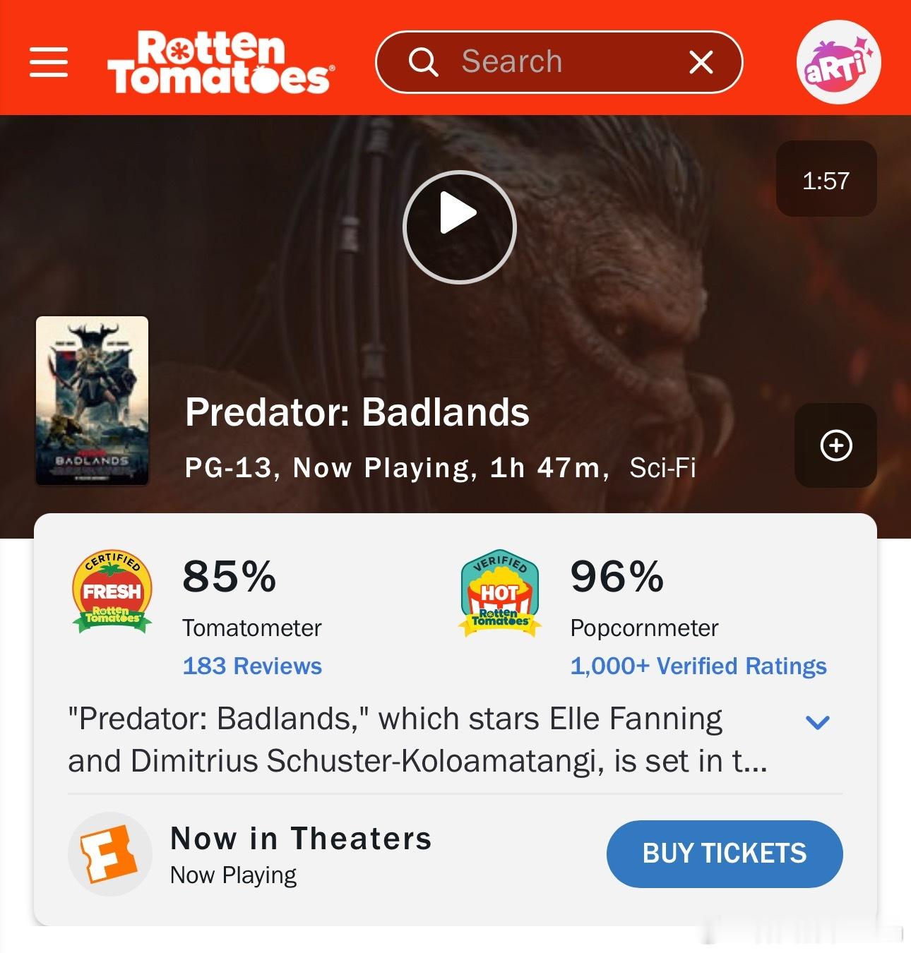 本周末在内地上映的《铁血战士：杀戮之地》烂番茄上媒体的新鲜度85%，观众评分的爆