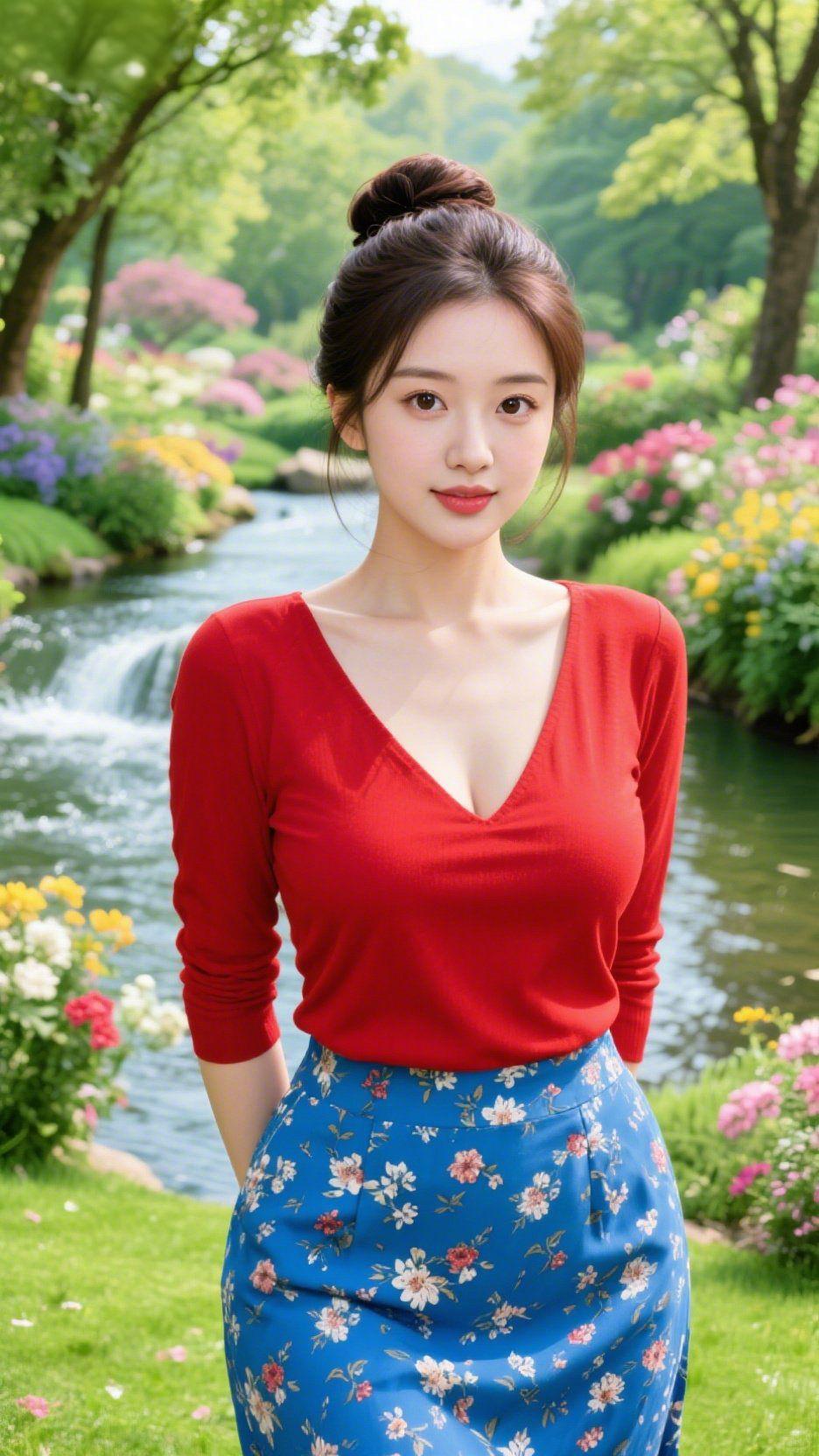 溪畔红衫，花裙漫春春日的风裹着草木清香漫过发梢，红衫在阳光下漾开一层暖绒的