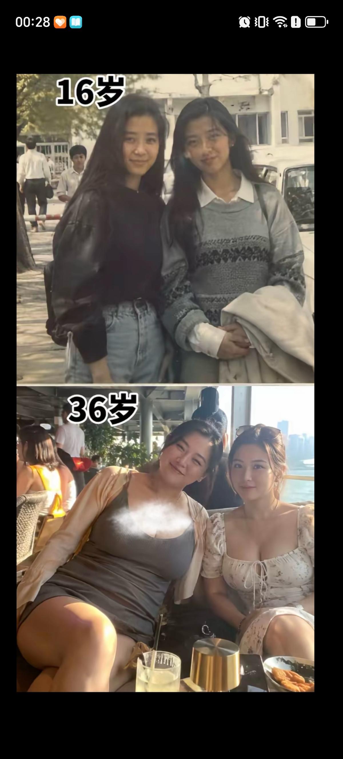 一对好姐妹拿出了二人从16岁到36岁时的两张照片做对比，感慨这20年的变化真大。