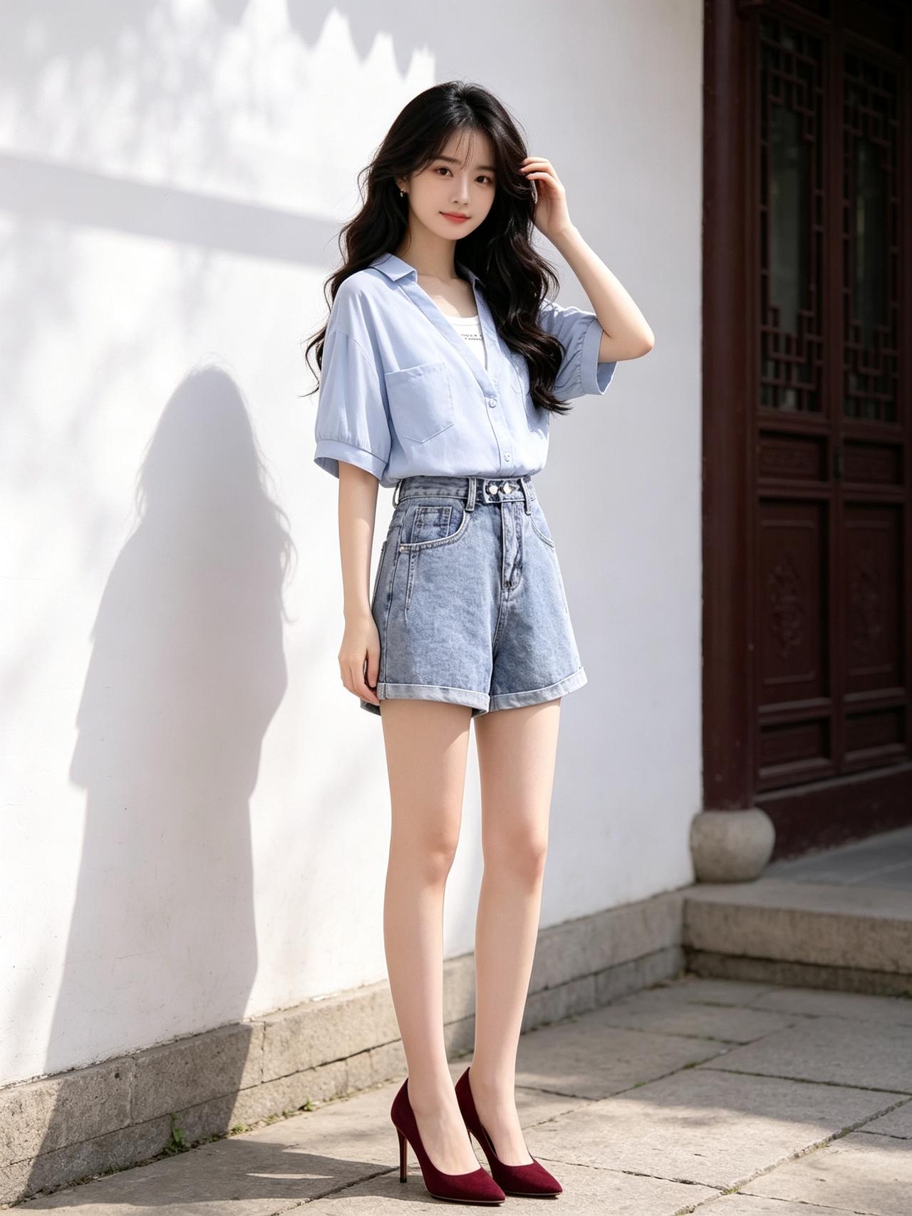 女人如何穿出含蓄的性感?浅蓝衬衫配牛仔短裤，阳光洒下超温柔，复古红高跟鞋点亮整体