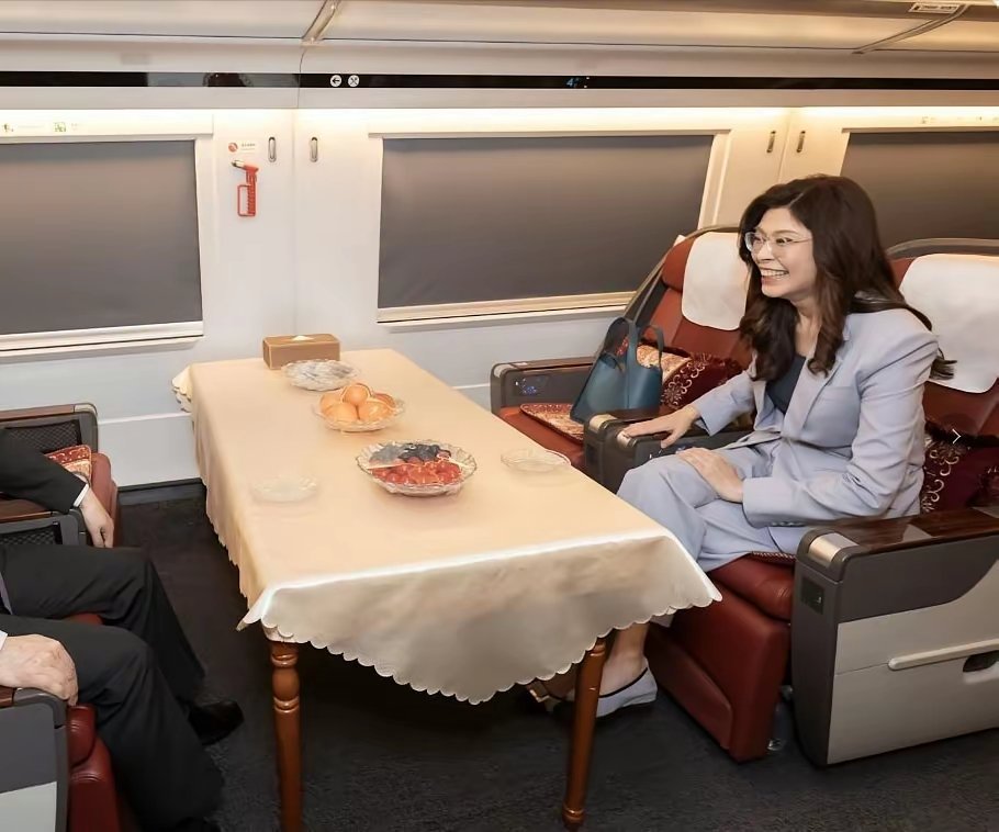 郑丽文抵达大陆首日，乘坐城际高铁去南京。看样子心情不错。