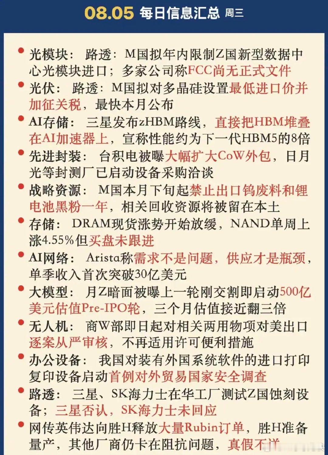 8.05周三1、光模块2、光伏：多晶硅或将加征关税3、金属钨、锂电池4、AI：