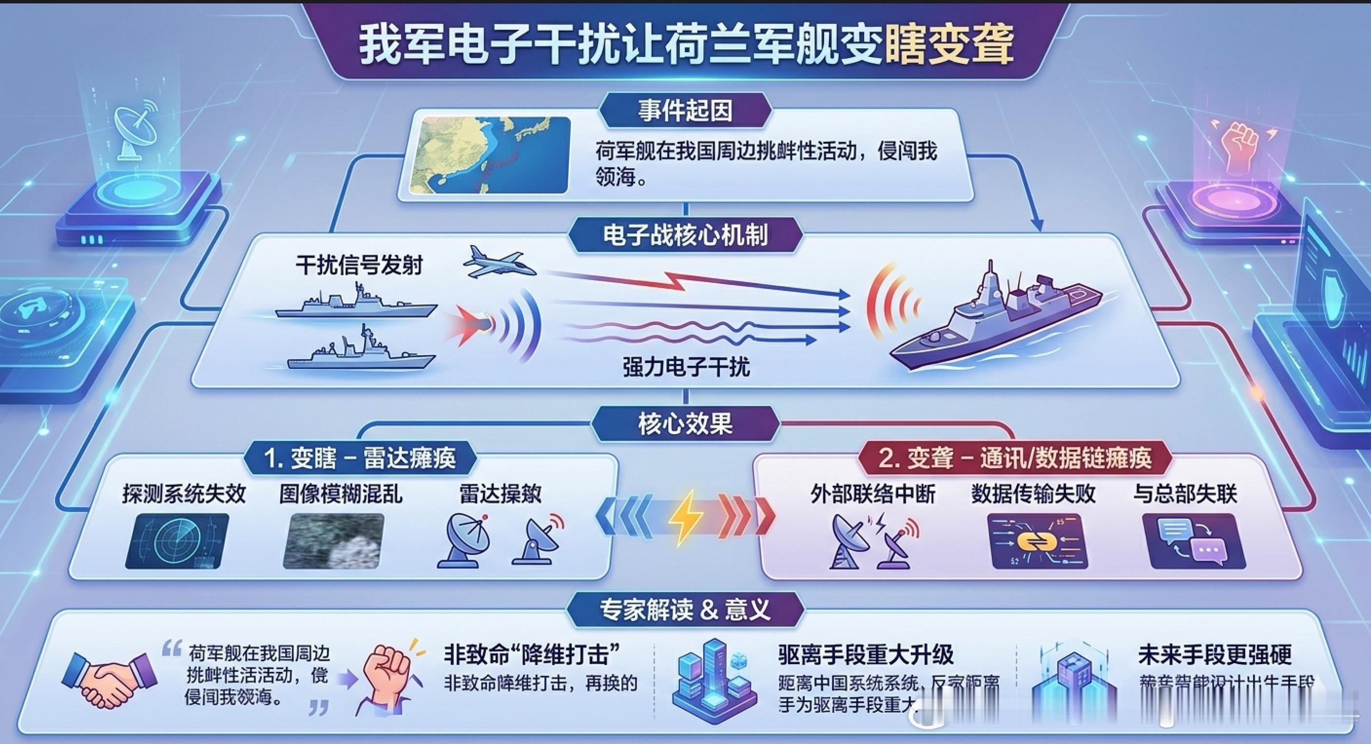 我军电子干扰让荷兰军舰变瞎变聋：荷兰军舰在我国周边海域进行挑衅性活动，侵闯我国