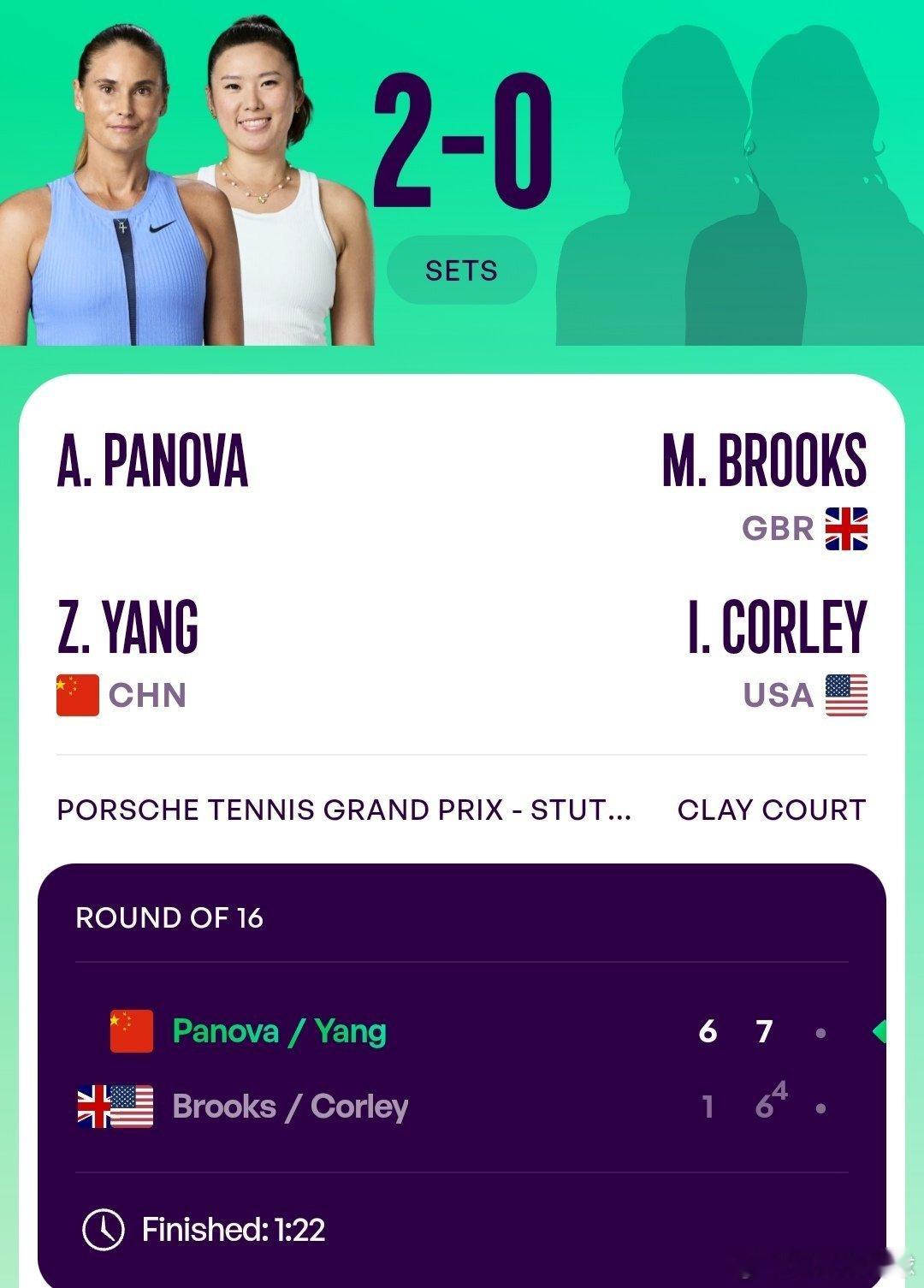 WTA500斯图加特站🇩🇪女双第1轮杨钊煊🇨🇳/帕诺娃🇷🇺6-1/7