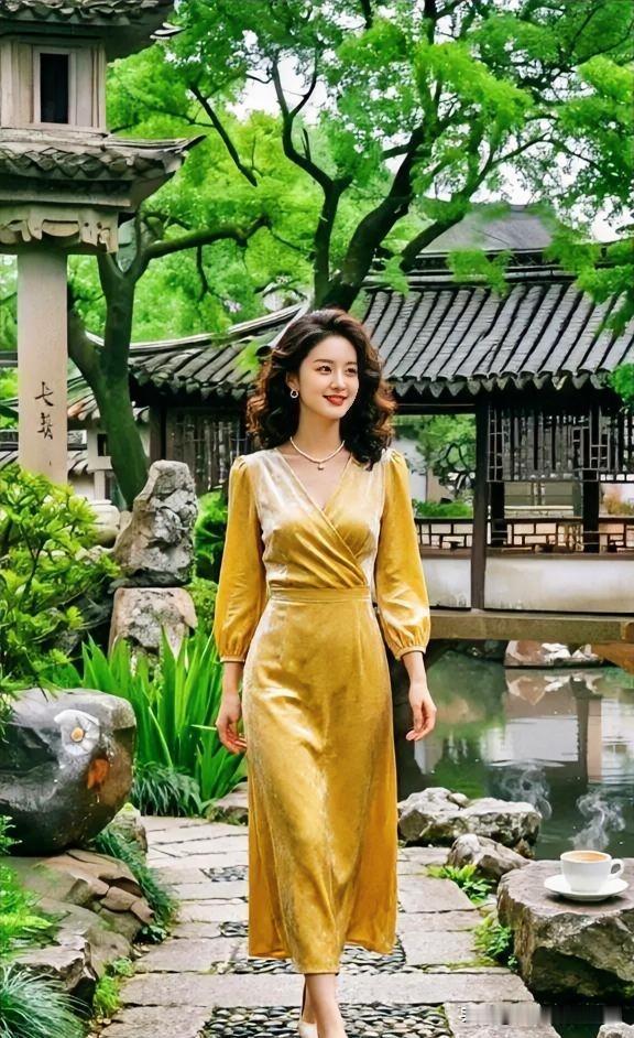 金缎长裙曳地，漫步园林石径，亭台水榭间，流光溢彩尽显温婉风华。