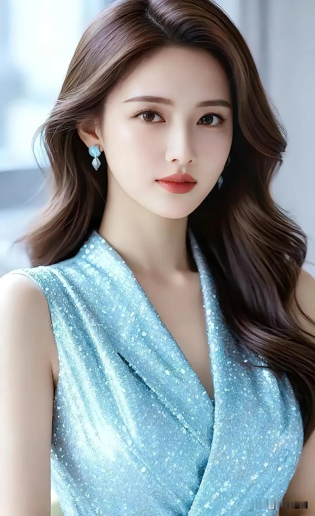 职场女性怎么穿更美?冰蓝亮片礼裙衬着柔调窗景，蓝钻耳饰点缀揉出清冷又华贵的晚宴