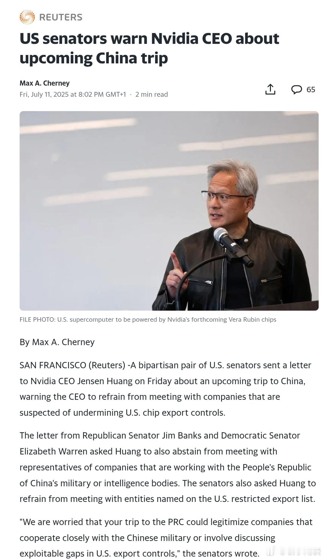 【美国参议员警告英伟达首席执行官即将访问中国】(路透社)-美国两党的一对参议