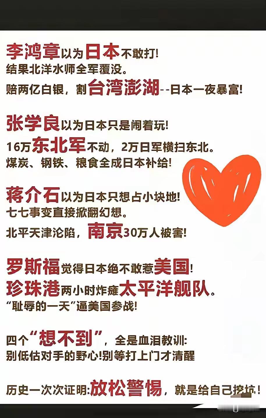 过去的李鸿章，张学良，蒋介石都对日本军国主义的判断失误，最后，小日本差点灭了大中