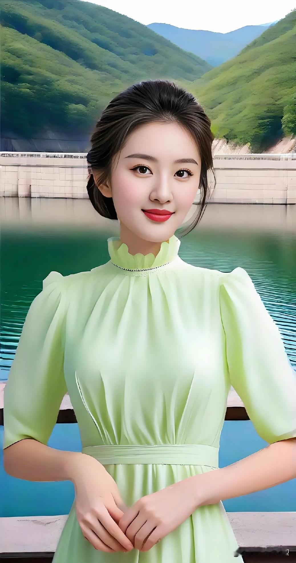 青山绿水间，一袭浅绿盈盈而立。荷叶领边藏春意，笑靥如花映清波，温婉娴静自成诗。