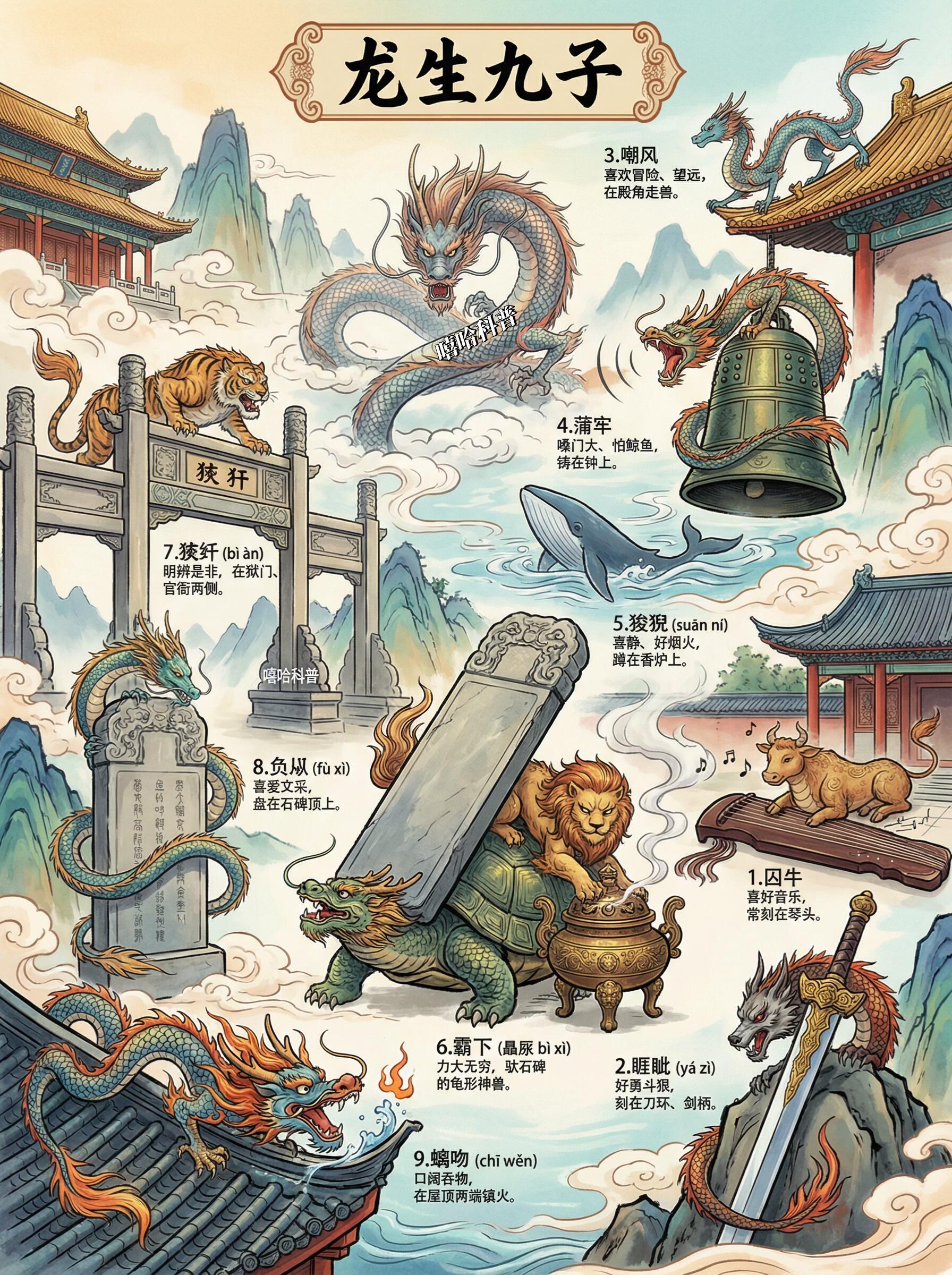 龙生九子，各有不同1.囚牛喜好音乐，常刻在琴头。2.睚眦（yazi）好勇斗狠