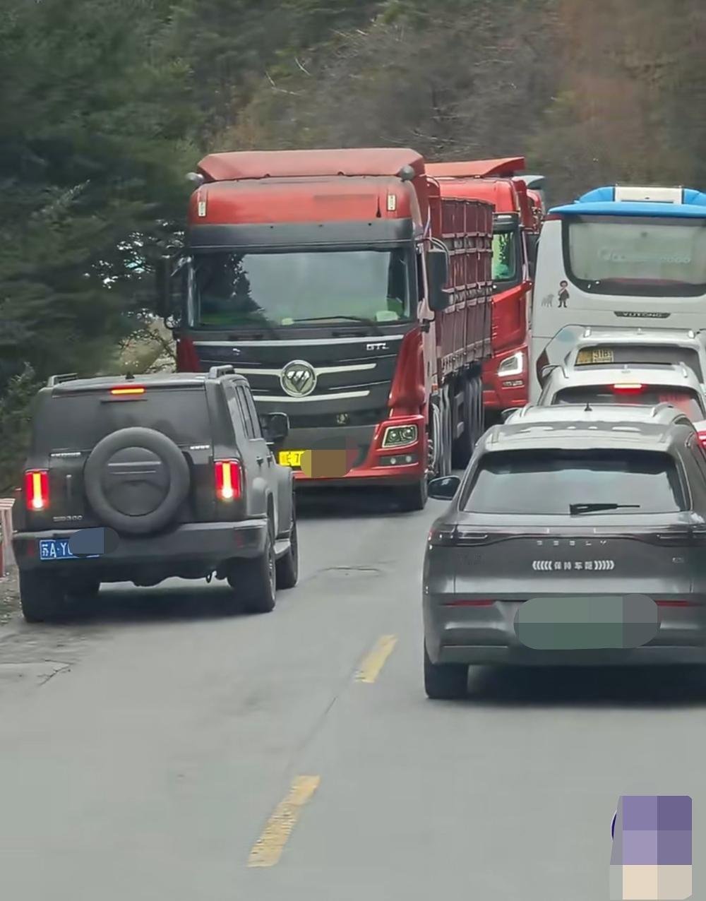318国道堵车路段，苏A坦克车主尝试逆行插队，被大货车逼着从上边一直倒下来。视频