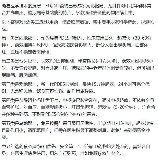 中老年ED用药新选择：更温和、更安全，5类药物客观对比