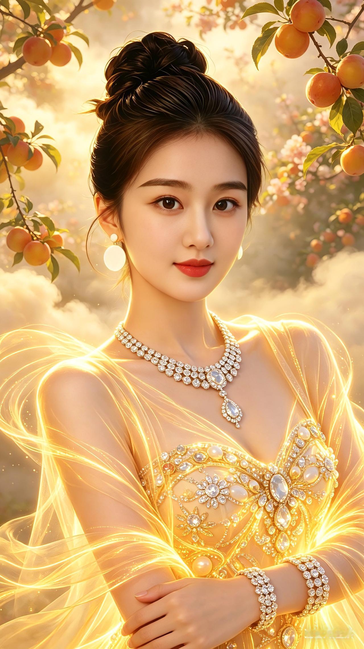 金光仙姿，桃下佳人直白表述：满园桃树缀满鲜桃，云气悠悠萦绕。女子梳着精巧发髻