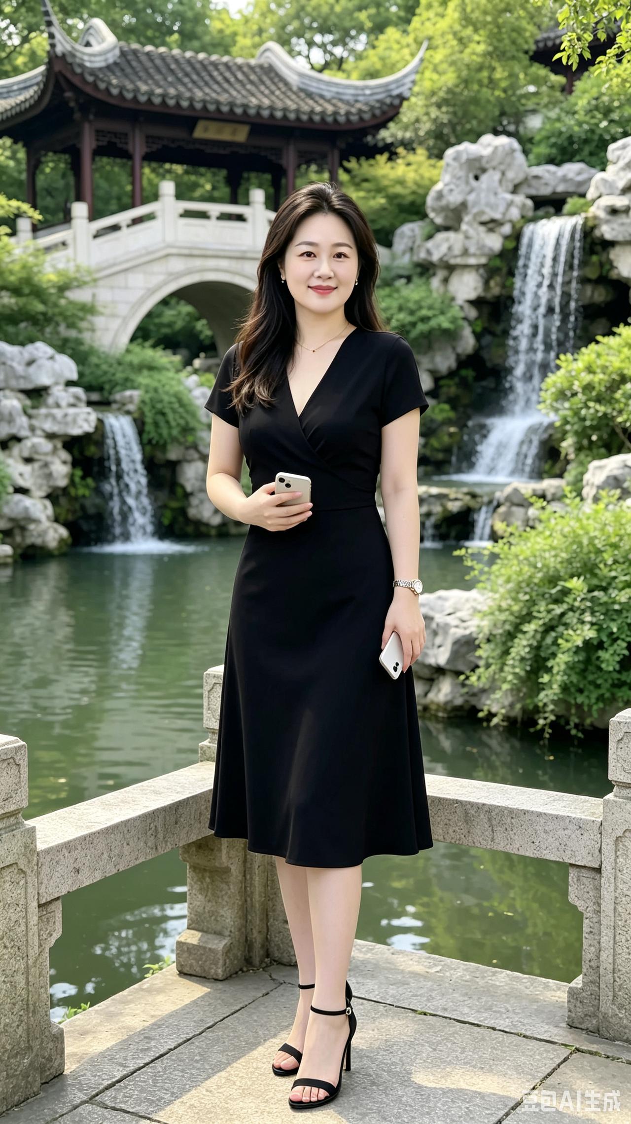 游园佳人黛面温婉自带柔，闲立石桥赏清流。一袭黑裙衬雅韵，山水相伴自风流。