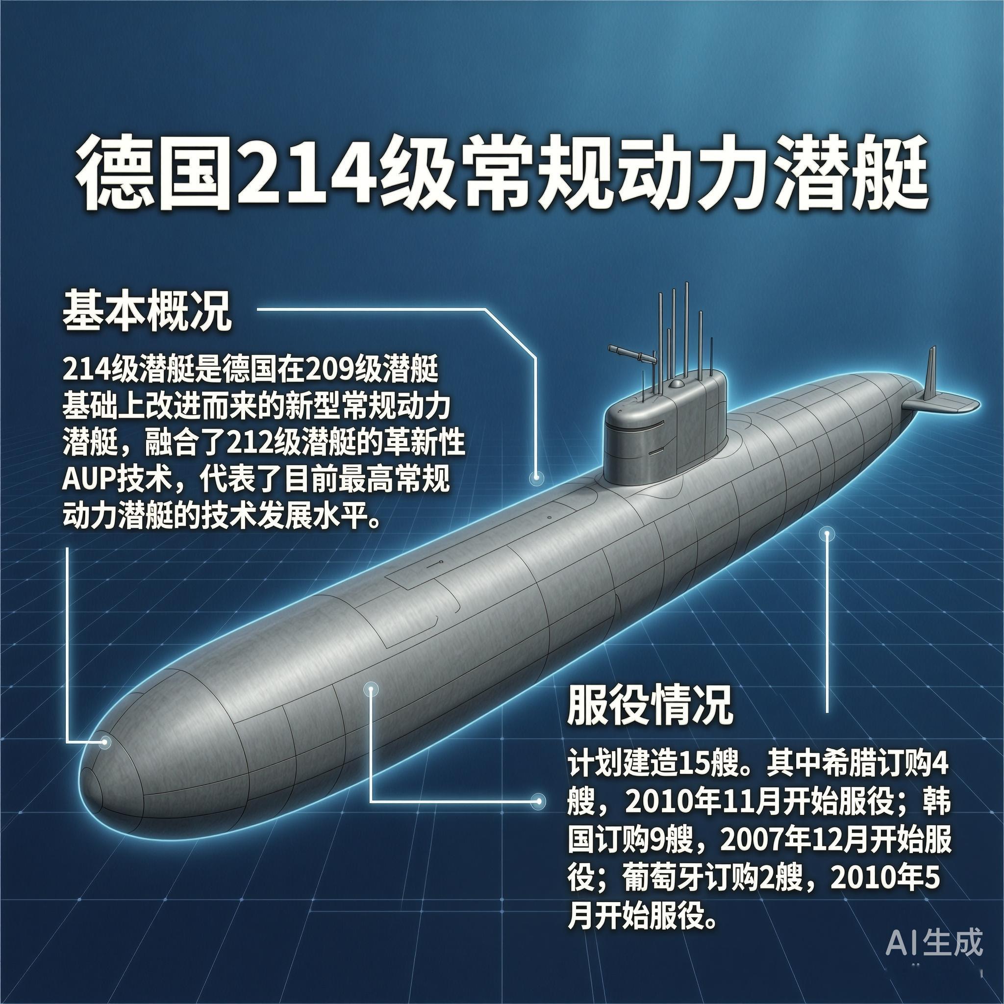 军事ai新视野德国214级潜艇214级潜艇是德国在209级潜艇的基础上改进而来
