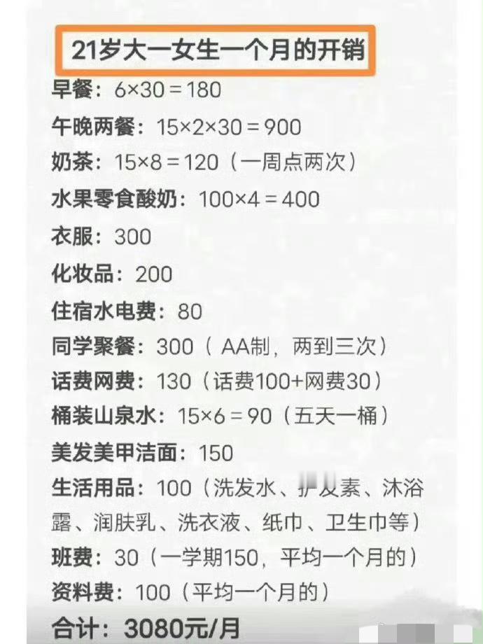 一个大一的女生，每个月生活费3000多块，却大喊不够用，日子过得紧巴巴。看了下