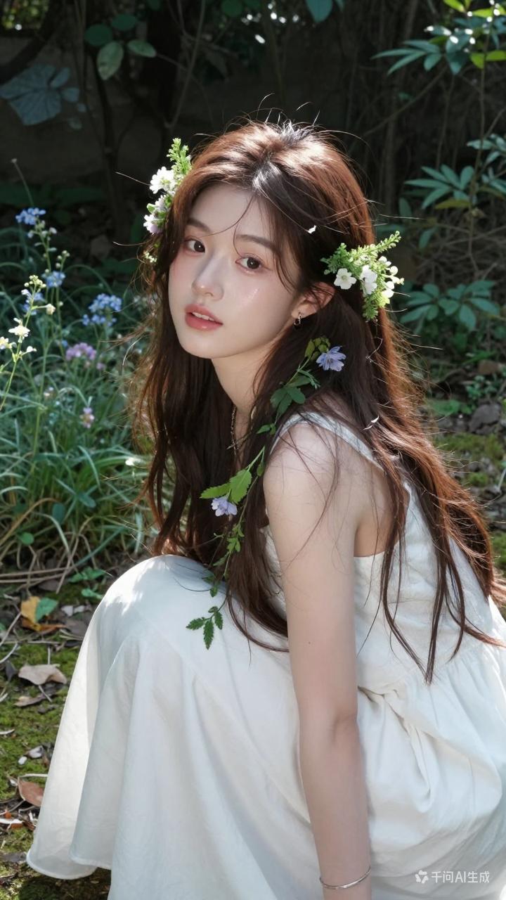 花海中的少女，清新自然，美如画卷