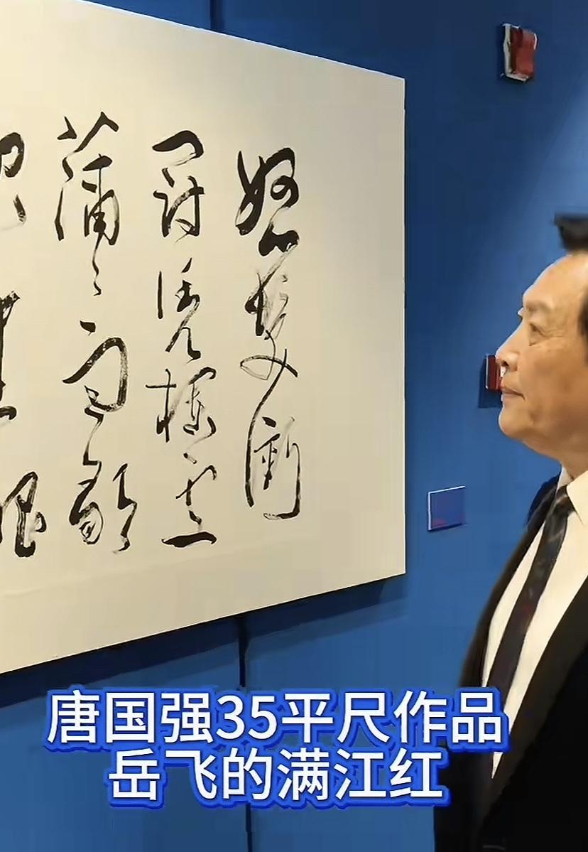 唐国强老师在展厅欣赏自己的书法作品，看的很认真，可以看出唐老师在书法上下了苦功了