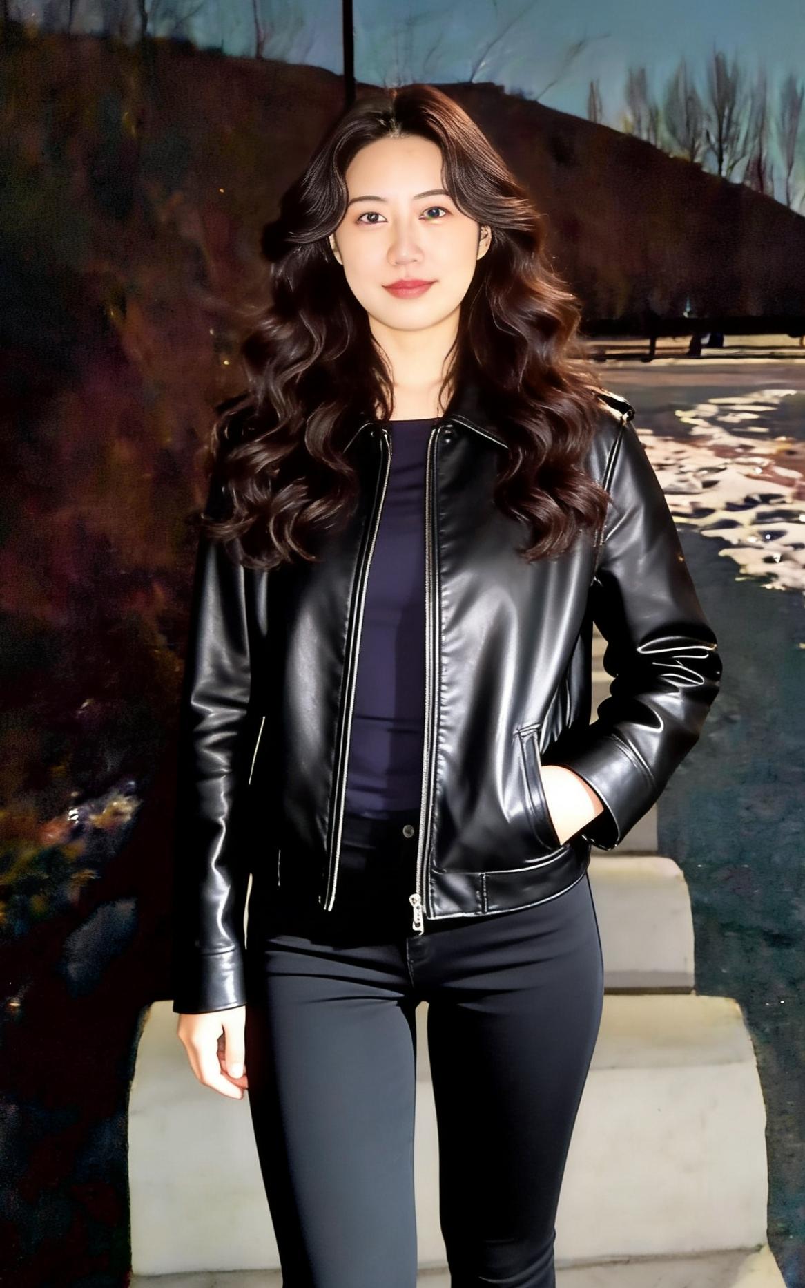 路灯把影子揉进石阶的褶皱，黑色皮衣裹着晚风的形状，牛仔裤边沾了星子的碎屑——