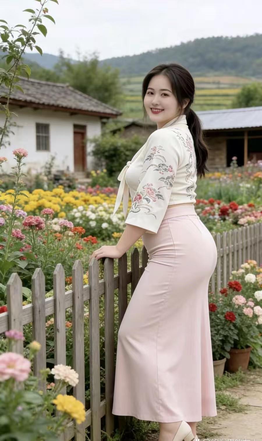 四块玉·百花园小院芳，春风漾，花气随风过山岗。蜂蝶飞舞添欢畅。鸟语忙，春