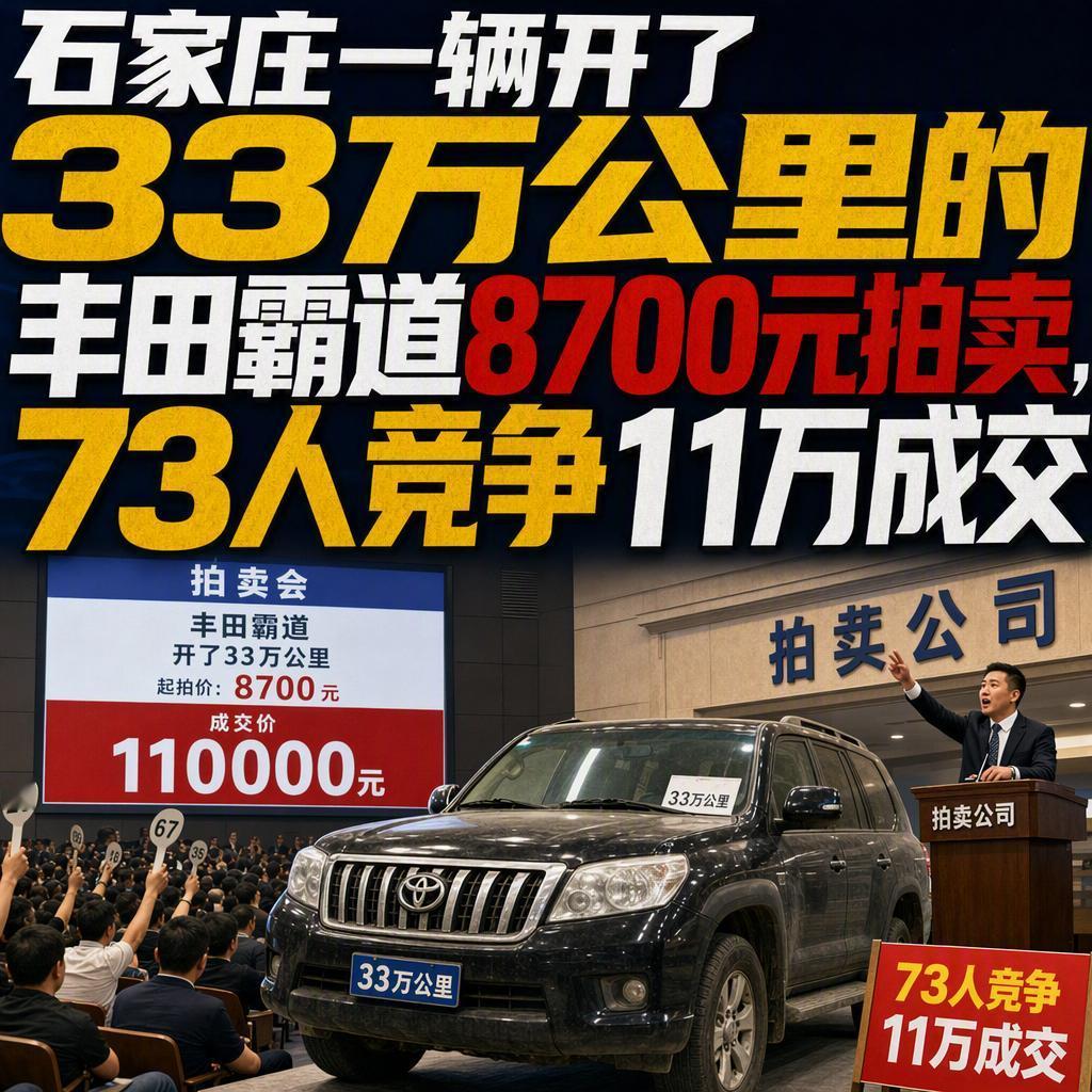 33万公里的丰田霸道，8700元起拍，73人抢，最后11.145万落槌。这组数
