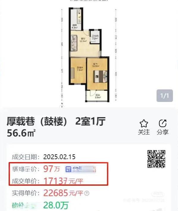 414万跌到97万，南京鼓楼区厚载巷二手房跌惨了。一朋友房子坐落于