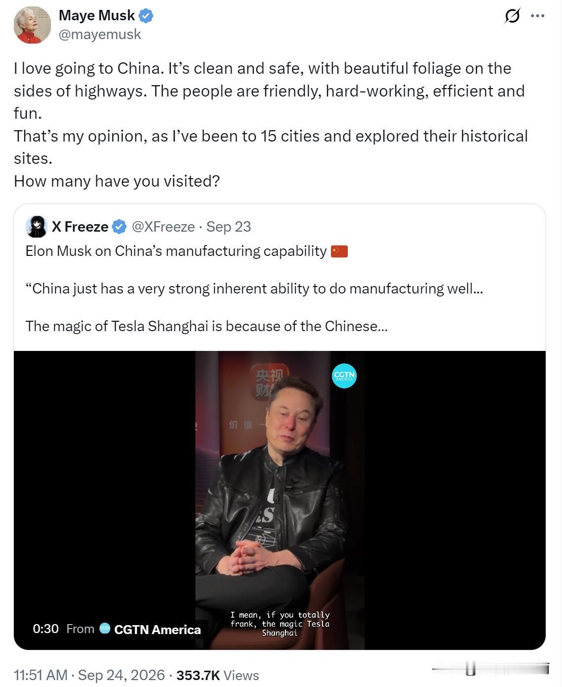 一位75岁的老太太，因为夸了中国几句，又在网上火了。她叫梅耶·马斯克，特斯拉老板埃隆·马斯克的母亲。