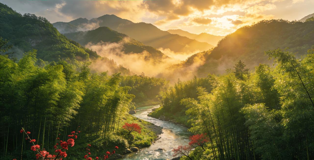 图1：云雾缭绕的青山间，飞瀑如银链倾泻，湖面倒映着霞光，宛如仙人居住的秘境。