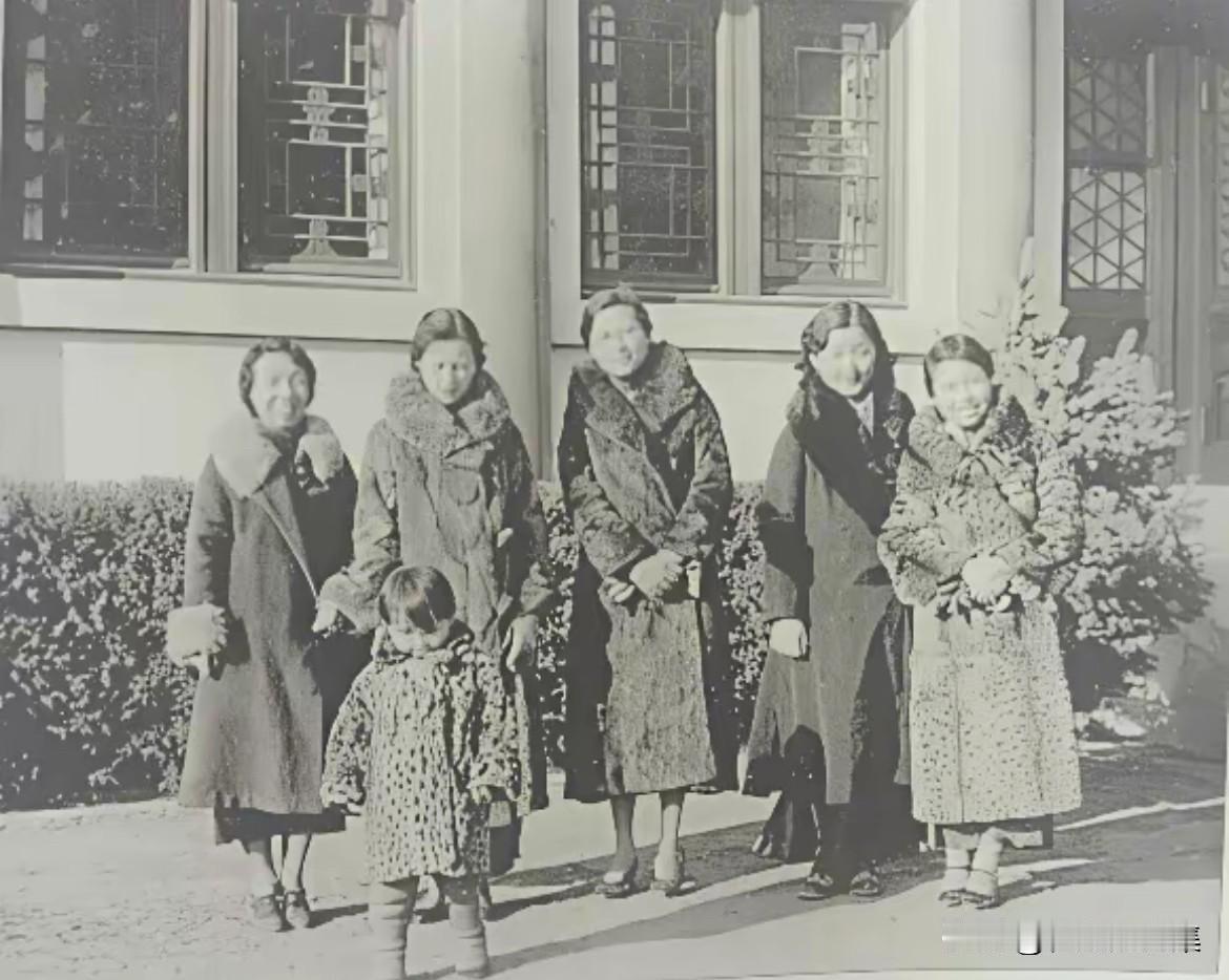 1932年，陈意、林徽因、雷洁琼、梁思庄等在燕京大学的合影，前排站立的幼童是林徽