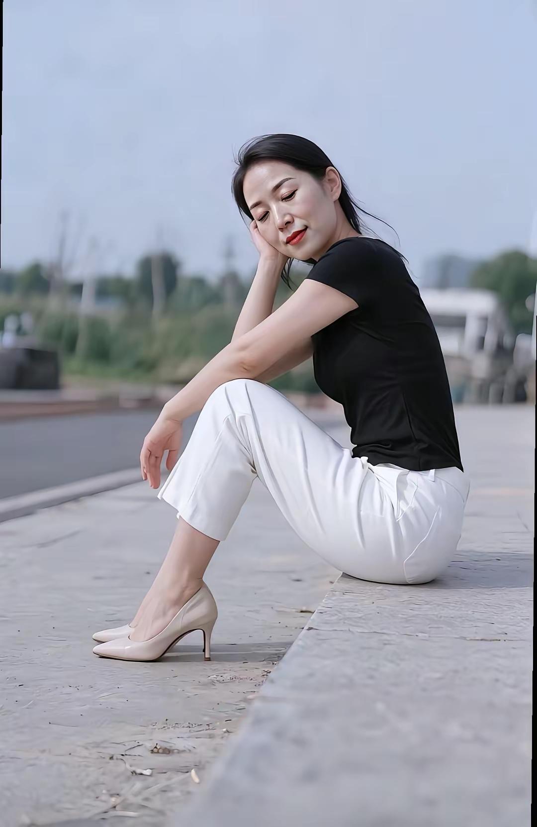 她就这么静静地坐着，成了路边一道独特的风景，让人忍不住多瞧上几眼。