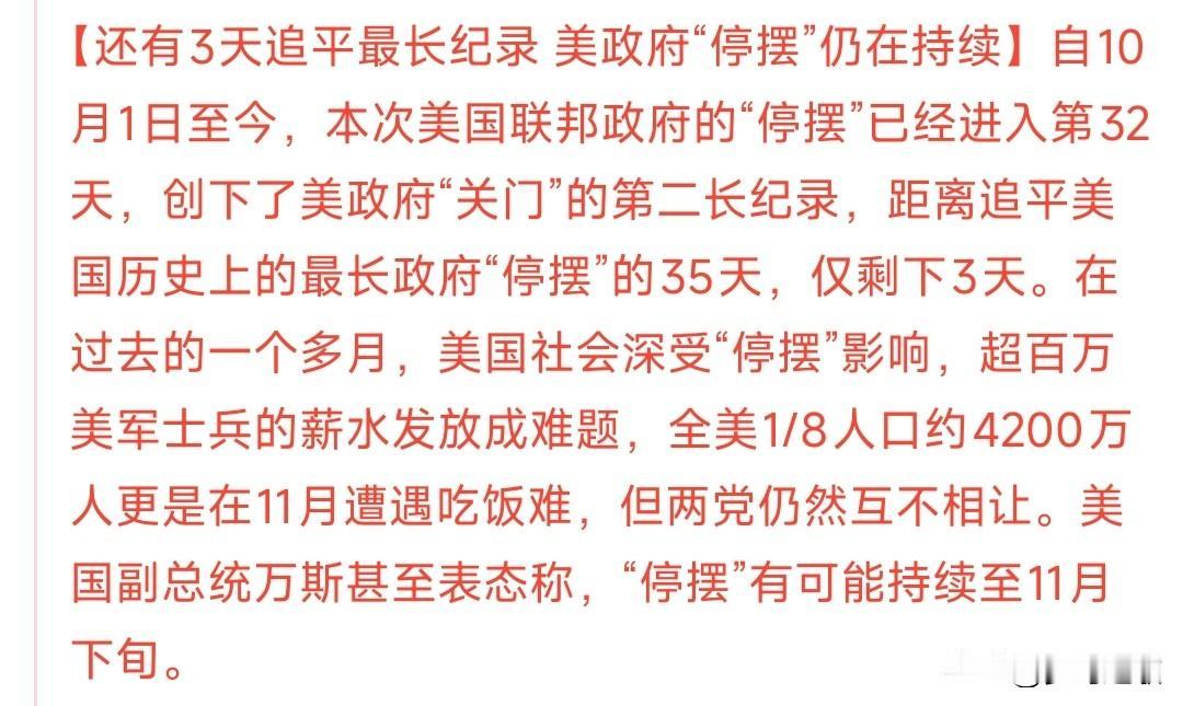 要破纪录了，还有三天，大众已经开始吃不起饭了美国政府已经停摆32天了，政府人员