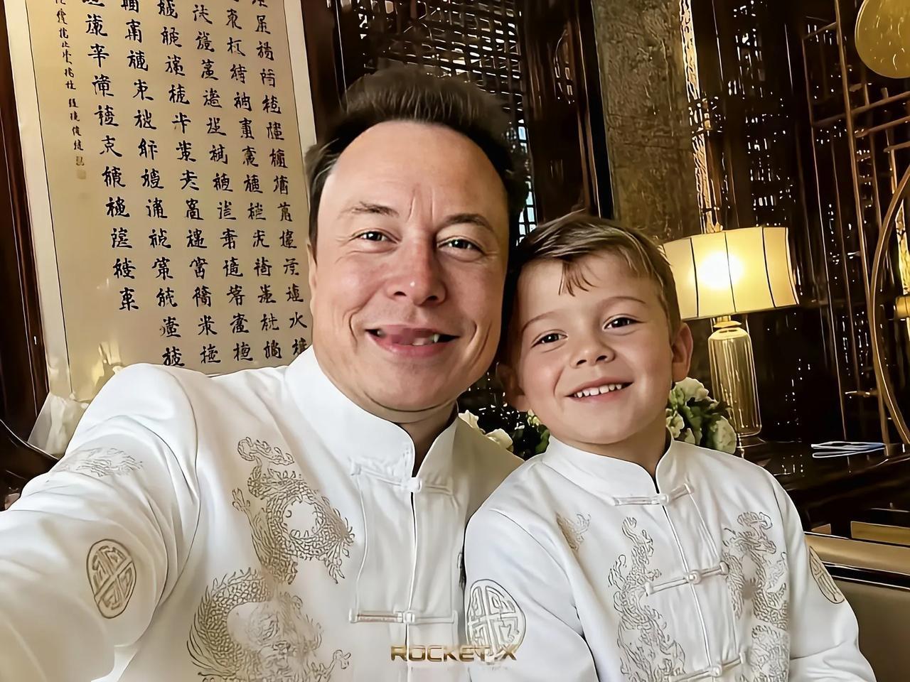 中式盘扣上衣，白色中装，马斯克和小儿子的最新合影让国人惭愧马斯克最近晒出和小儿