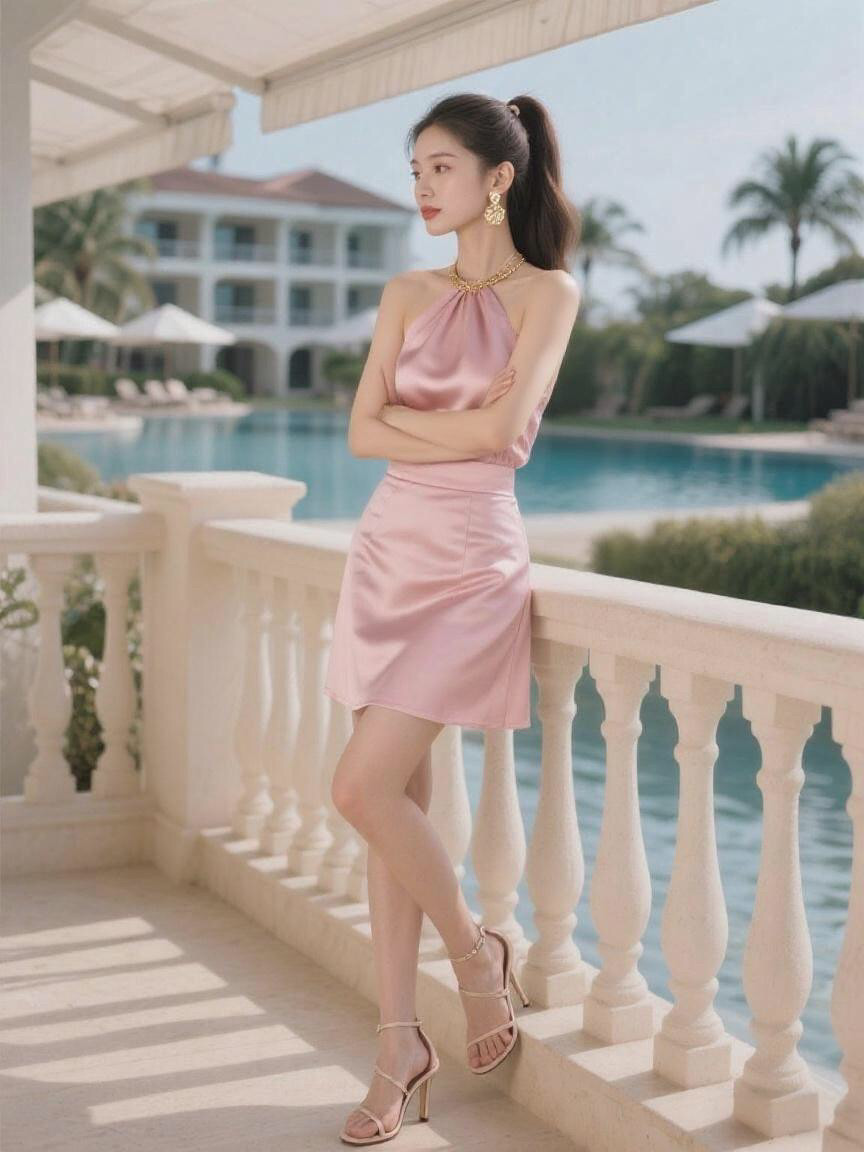 一袭粉裙，以一袭柔粉赴一场夏日之约，任惬意在风里蔓延。