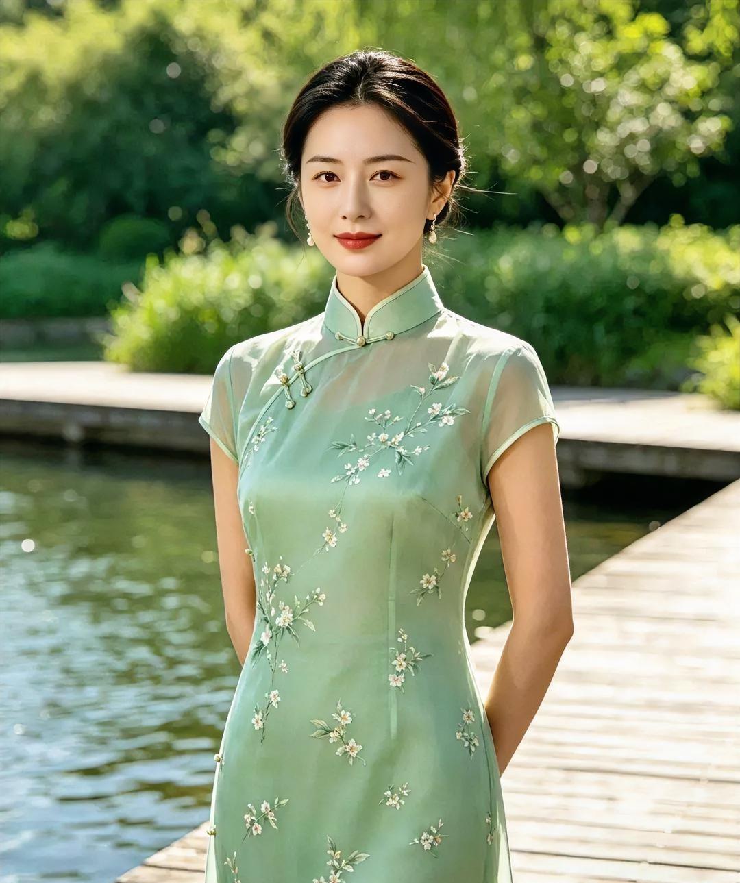 水边站定的，是一抹春青绿旗袍绣着细碎花信木栈道托着阳光她把笑意藏进风