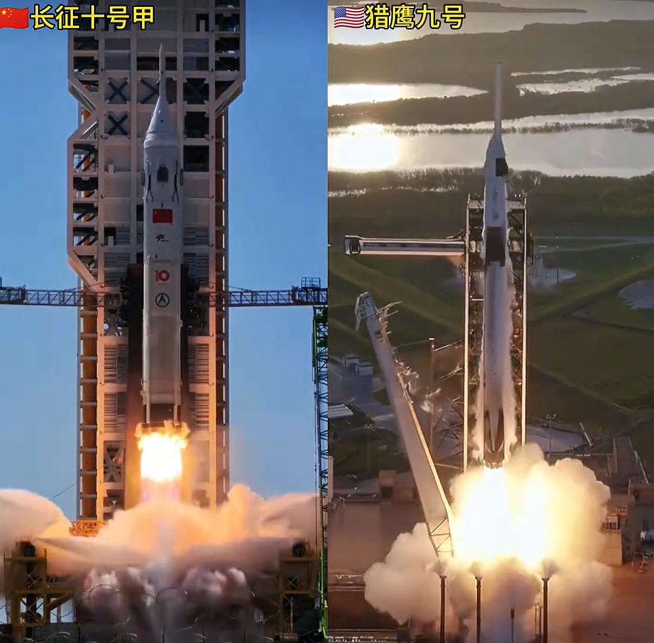 我们的长征十号甲，跟马斯克的猎鹰九号对比，很明显，我们的回收姿态，比后者要更强。