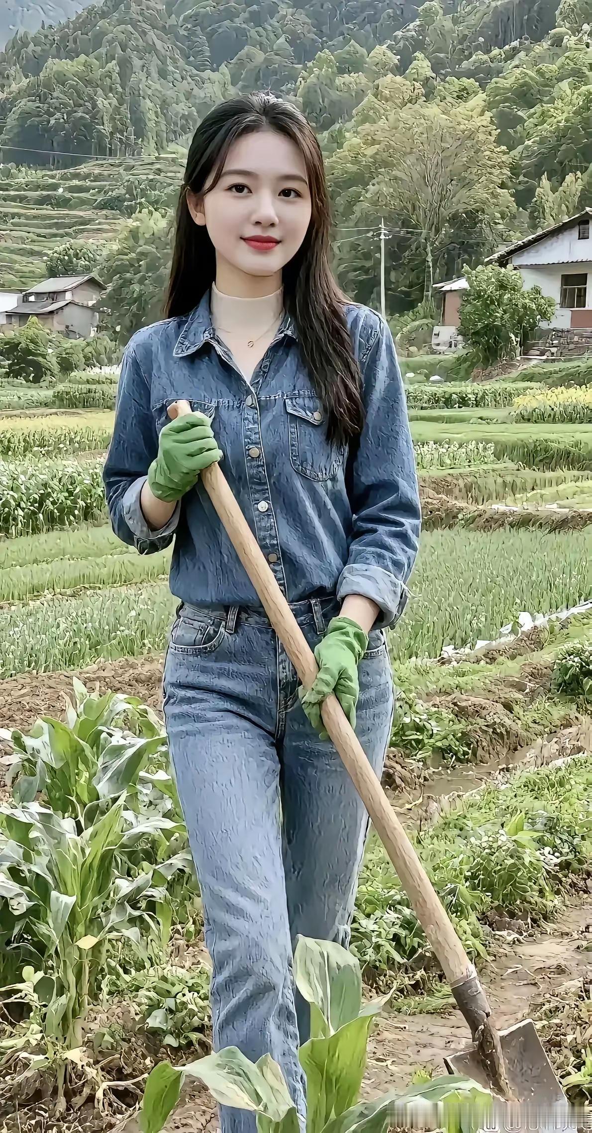 田园少女下田劳作，青春洋溢在绿意盎然中。