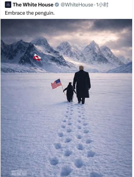 特朗普又闹了个大笑话。白宫刚刚发了一张官方P图，特朗普牵着企鹅，企鹅拿着星条旗，